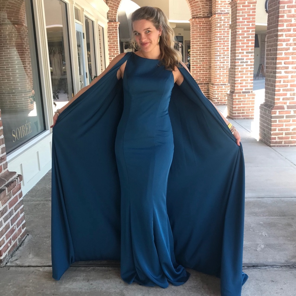 Teal formal dress with cape